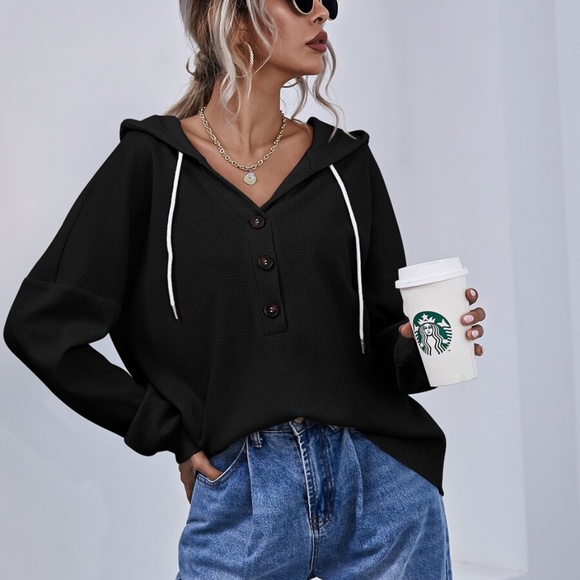 Tops - Button up oversized waffle long sleeve hoodie top
